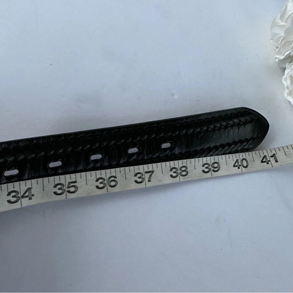 Black Leather Sz 36 Silver Plated Belt‎